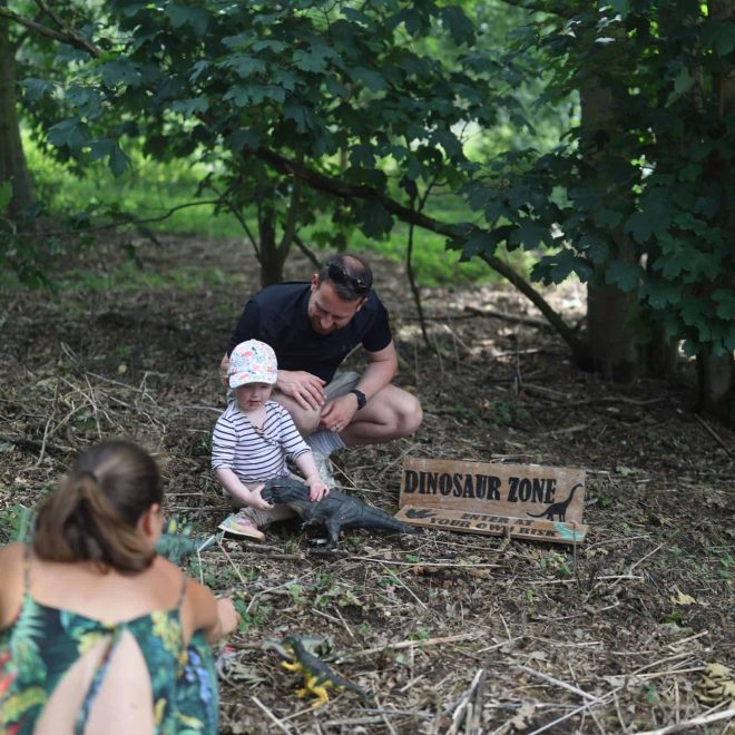 Miniature dinosaur play zone for kids in a lush forest setting.